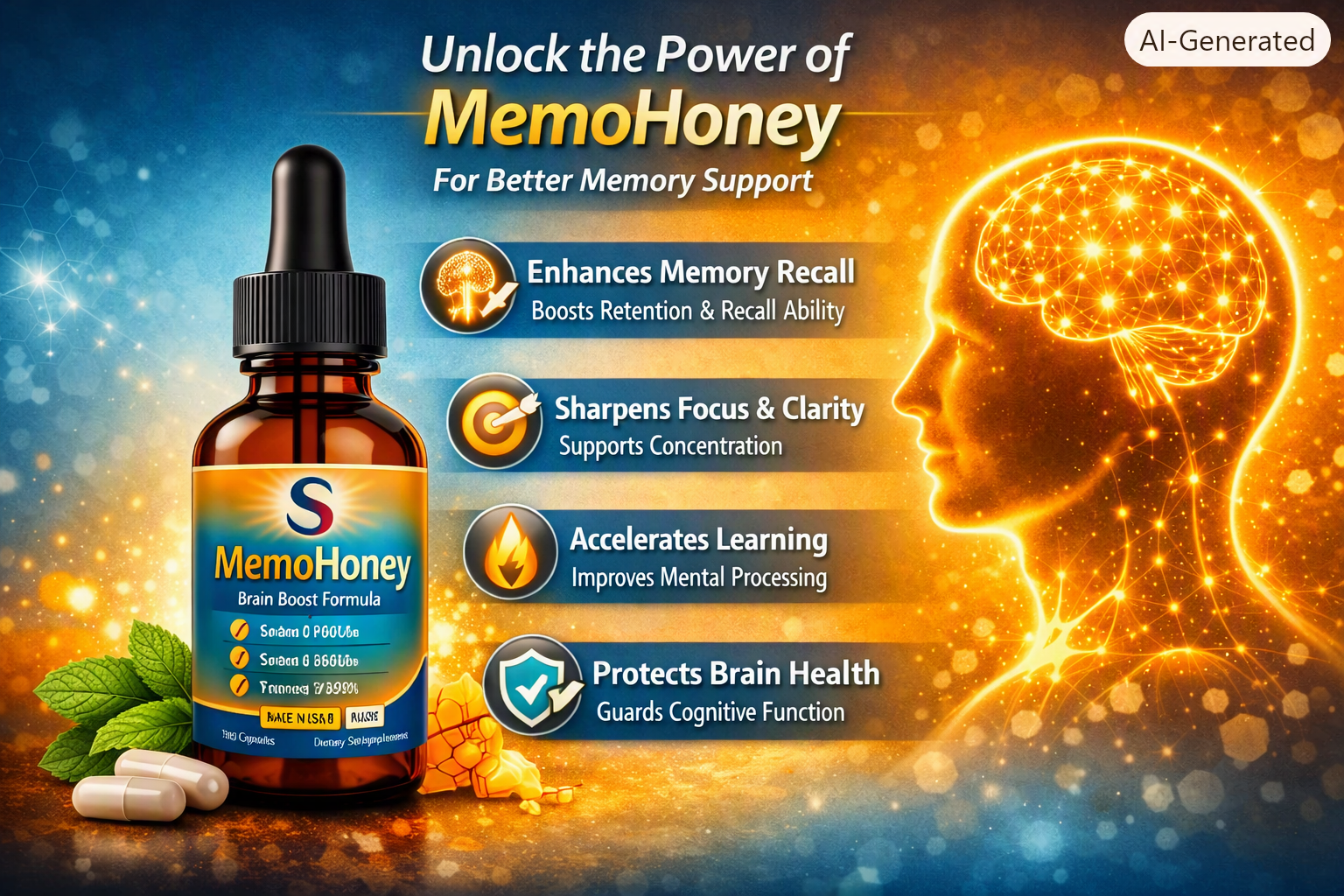 Diagram showing how MemoHoney supports memory recall, focus, learning, and brain health